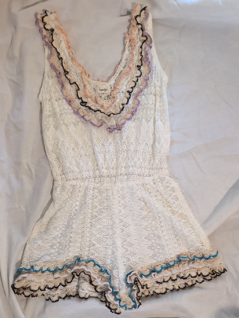 White Lace Romper with Multicolor Ruffle Trim